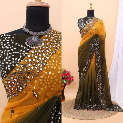 Rani Pink Satin Chiffon Saree With Mirror Embroidery And Unstitched Blouse