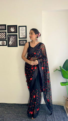 Black Color Beautiful Flower Sequins Soft Net fabric Saree With Blouse