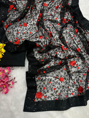 Black Color Beautiful Flower Sequins Soft Net fabric Saree With Blouse