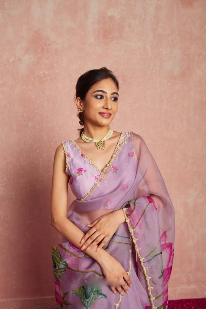 Pure Organza Silk Hand-Embroidered Saree purple