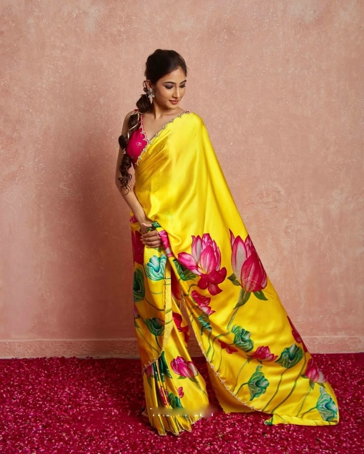 New Design pure Satin silk with beautiful hand work moti Saree yellow