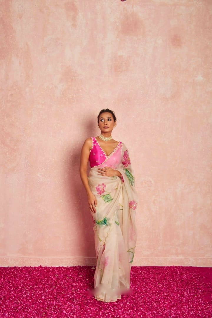 Pure Organza Silk Hand-Embroidered Saree