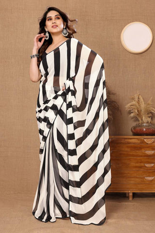 Desultory 1-Minute Ready To Wear White and Black Georgette Saree