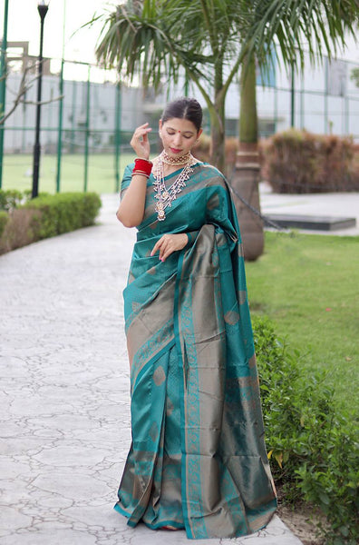 STUNNING RAMA COLOUR SAREE WITH HEAVY BROCADE BLOUSE – Sari Sansar