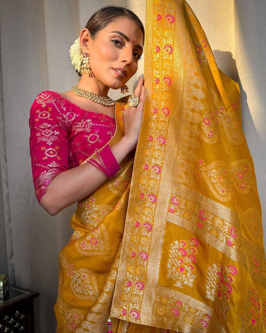 Yellow Color Banarasi Litchi Silk Saree With Blouse Piece