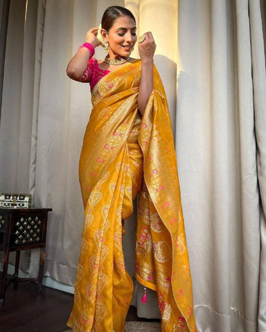 Yellow Color Banarasi Litchi Silk Saree With Blouse Piece