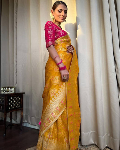 Yellow Color Banarasi Litchi Silk Saree With Blouse Piece