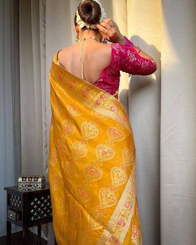 Yellow Color Banarasi Litchi Silk Saree With Blouse Piece