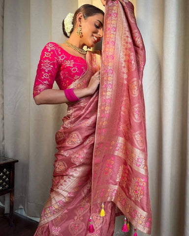 Light Pink Colour Banarasi Litchi Silk Saree With Blouse Piece