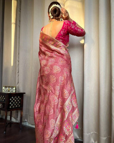 Light Pink Colour Banarasi Litchi Silk Saree With Blouse Piece