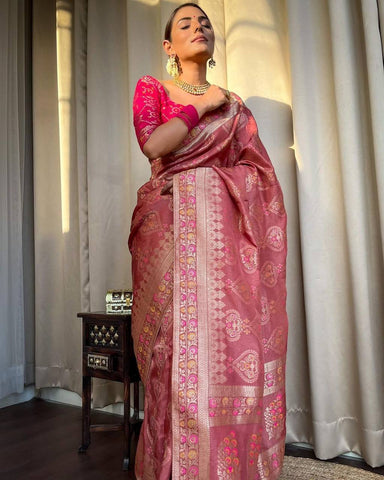 Light Pink Colour Banarasi Litchi Silk Saree With Blouse Piece