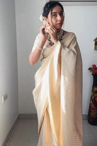 Beige Colour 1-Minute Ready To Wear Kanjivaram Silk Saree With Blouse Piece