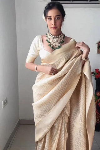 Beige Colour 1-Minute Ready To Wear Kanjivaram Silk Saree With Blouse Piece