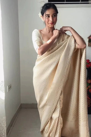 Beige Colour 1-Minute Ready To Wear Kanjivaram Silk Saree With Blouse Piece