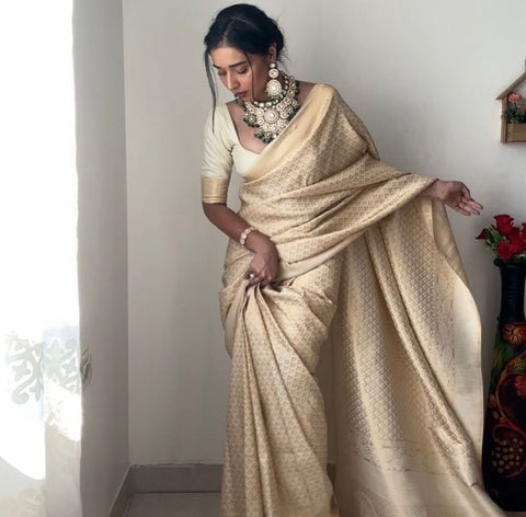 Beige Colour 1-Minute Ready To Wear Kanjivaram Silk Saree With Blouse Piece