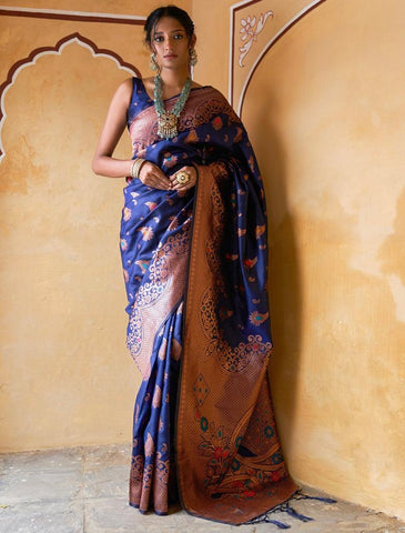 Blue Colour Banarasi Litchi Silk Saree With Blouse Piece