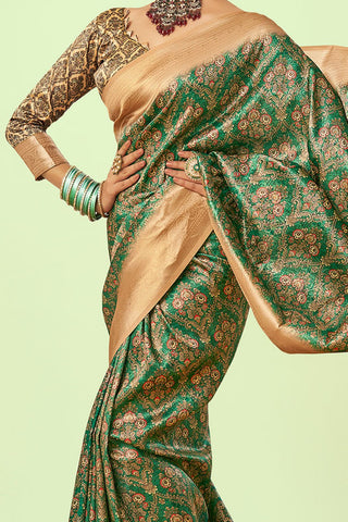 Olive Green Color Banarasi Litchi Silk Saree With Blouse Piece