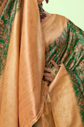 Olive Green Color Banarasi Litchi Silk Saree With Blouse Piece