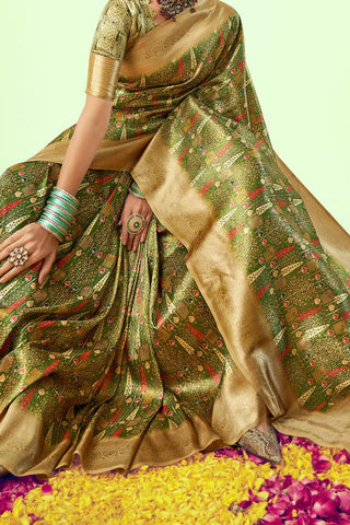 Green Color Banarasi Litchi Silk Saree With Blouse Piece