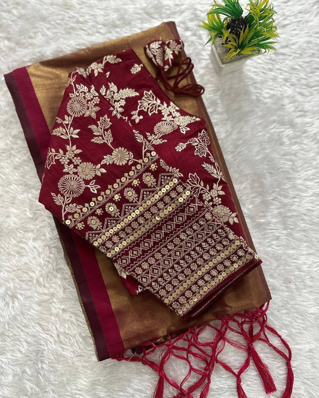 Blood Red Color Tissue Silk Saree With Blouse Piece