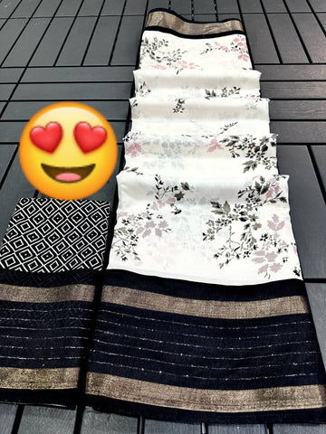 Surpassing Off White Digital Printed Dola Silk Saree With Ravishing Blouse Piece