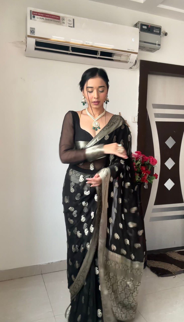 Black Colour 1-Min Jacquard Ready To Wear Saree With Blouse Piece