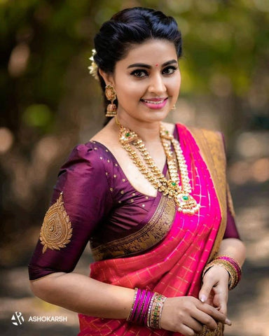 Pink Colour Kanjivaram Woven Silk Saree With Blouse Piece