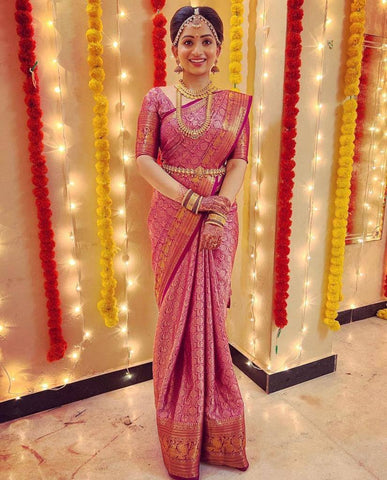 Pink Colour Kanjivaram Woven Silk Saree With Blouse Piece