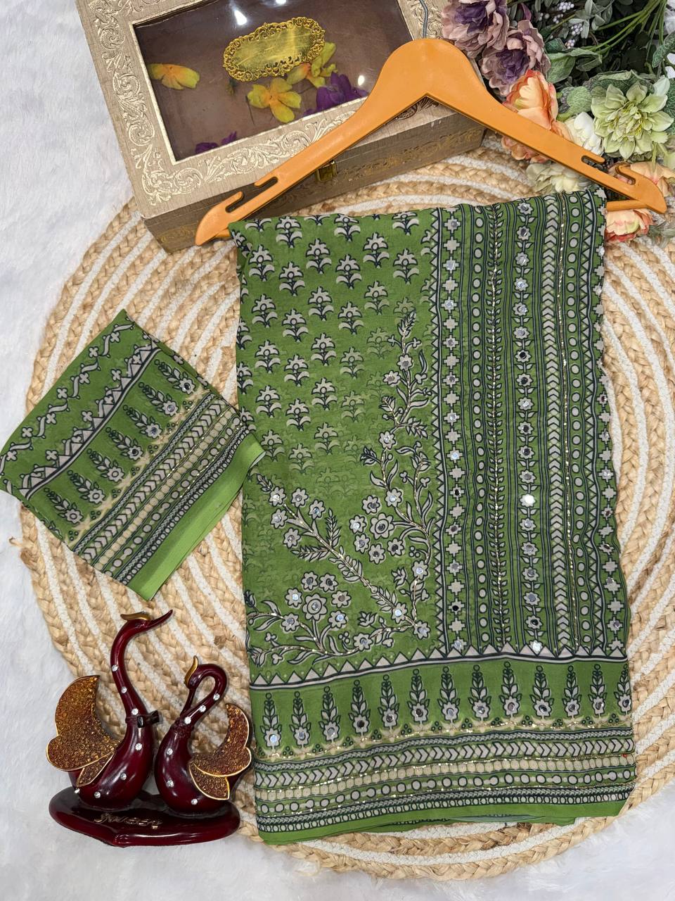 Madhubani Mirror Grace Saree- Green