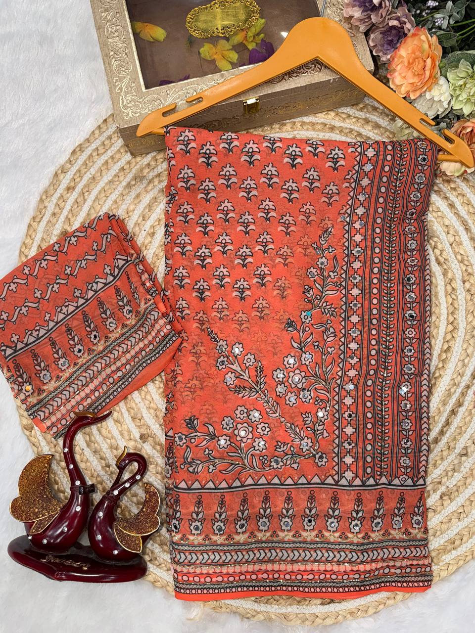 Madhubani Mirror Grace Saree- Orange