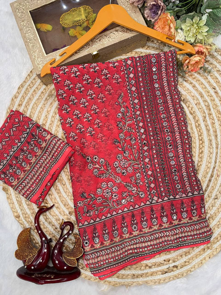 Madhubani Mirror Grace Saree- Red