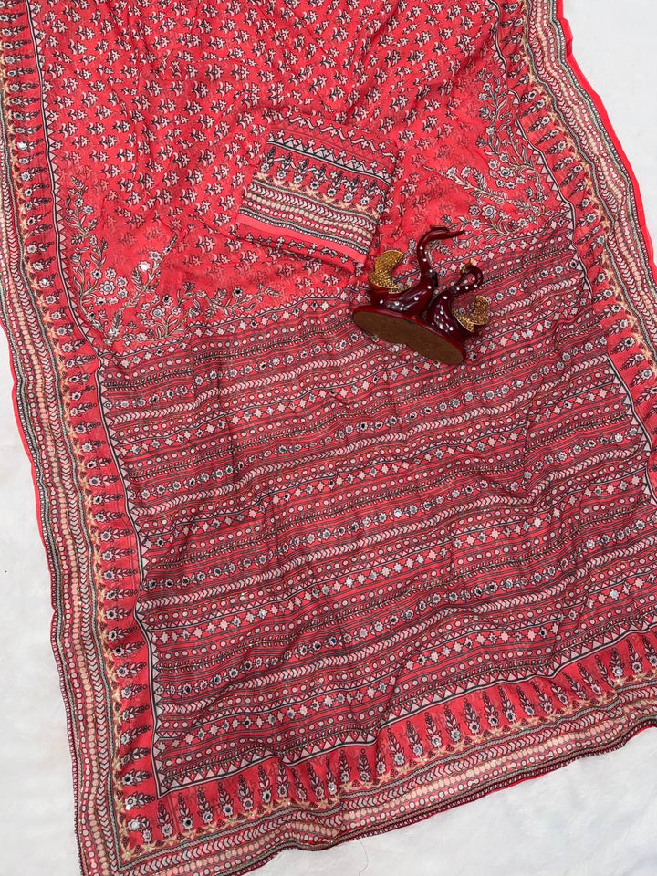 Madhubani Mirror Grace Saree- Red
