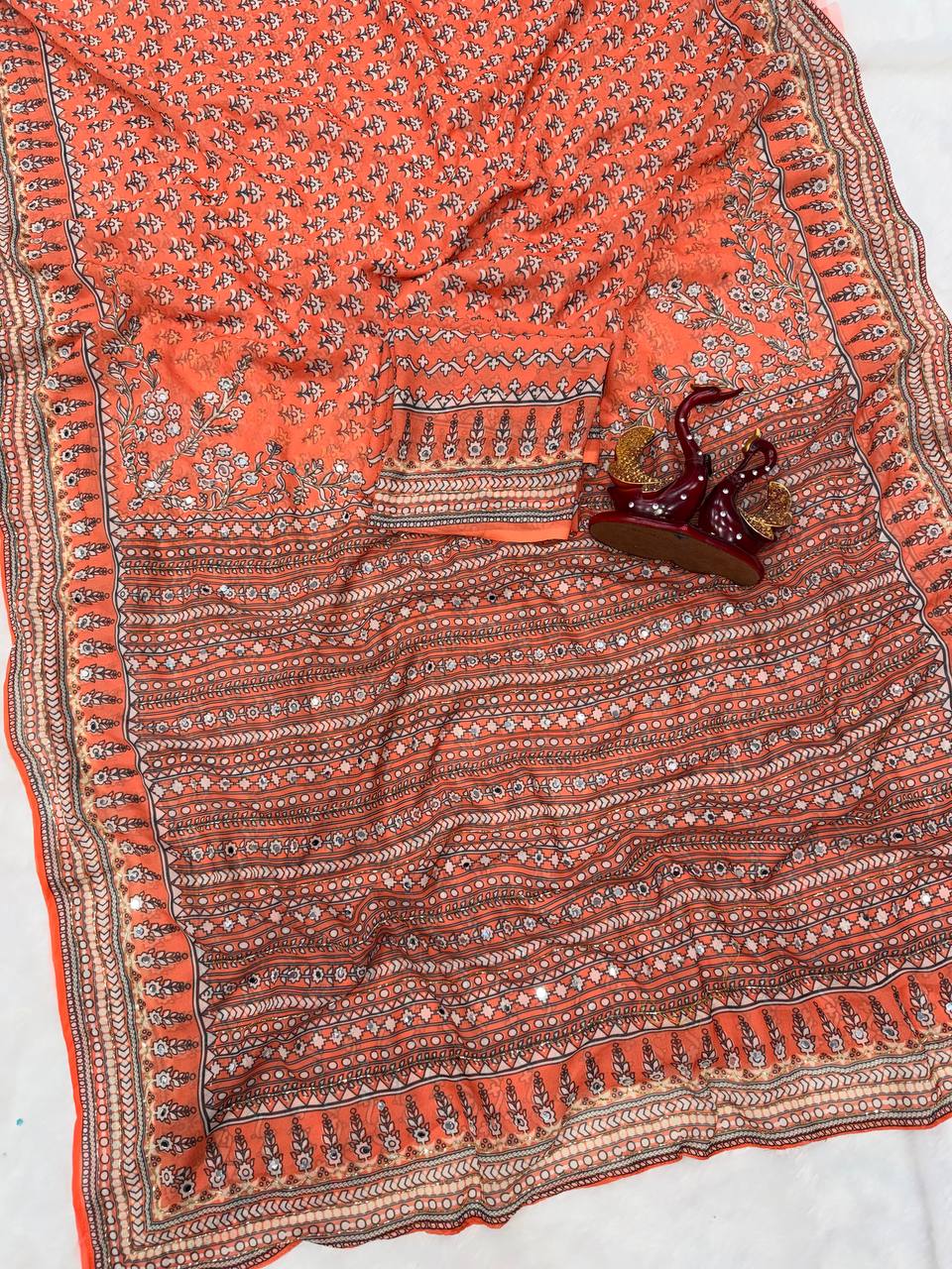 Madhubani Mirror Grace Saree- Orange