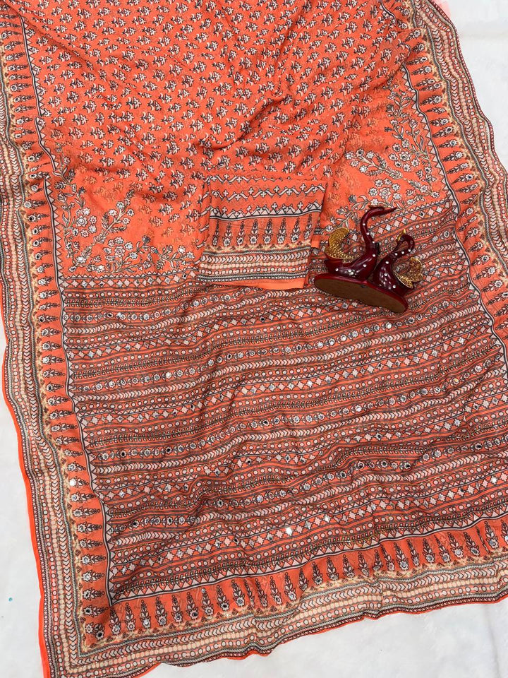 Madhubani Mirror Grace Saree- Orange