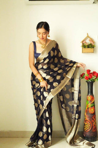 Black Colour 1-Min Cotton Silk Ready To Wear Saree With Blouse Piece
