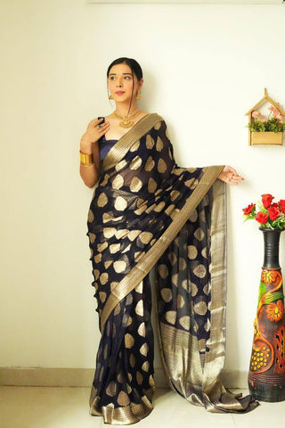 Black Colour 1-Min Cotton Silk Ready To Wear Saree With Blouse Piece