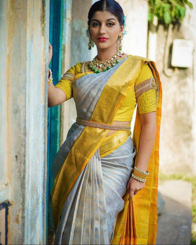 Grey and Yellow Colour Kanjivaram Woven Silk Saree With Blouse Piece
