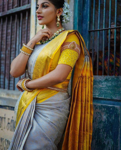 Grey and Yellow Colour Kanjivaram Woven Silk Saree With Blouse Piece
