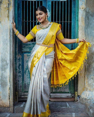 Grey and Yellow Colour Kanjivaram Woven Silk Saree With Blouse Piece