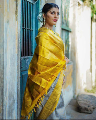 Grey and Yellow Colour Kanjivaram Woven Silk Saree With Blouse Piece