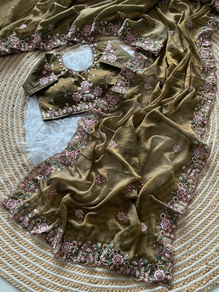 Luxury Khadi Moss Silk Designer Saree - MAHENDI