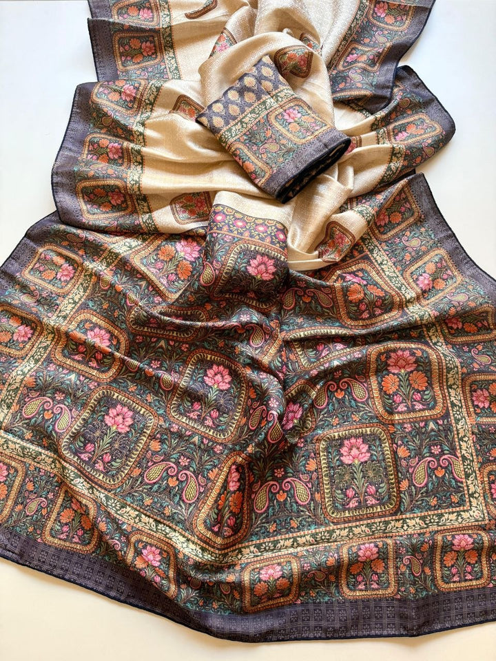 Roopkala Premium Jari Weaving Softy Silk Saree = CREAM AND BLUE