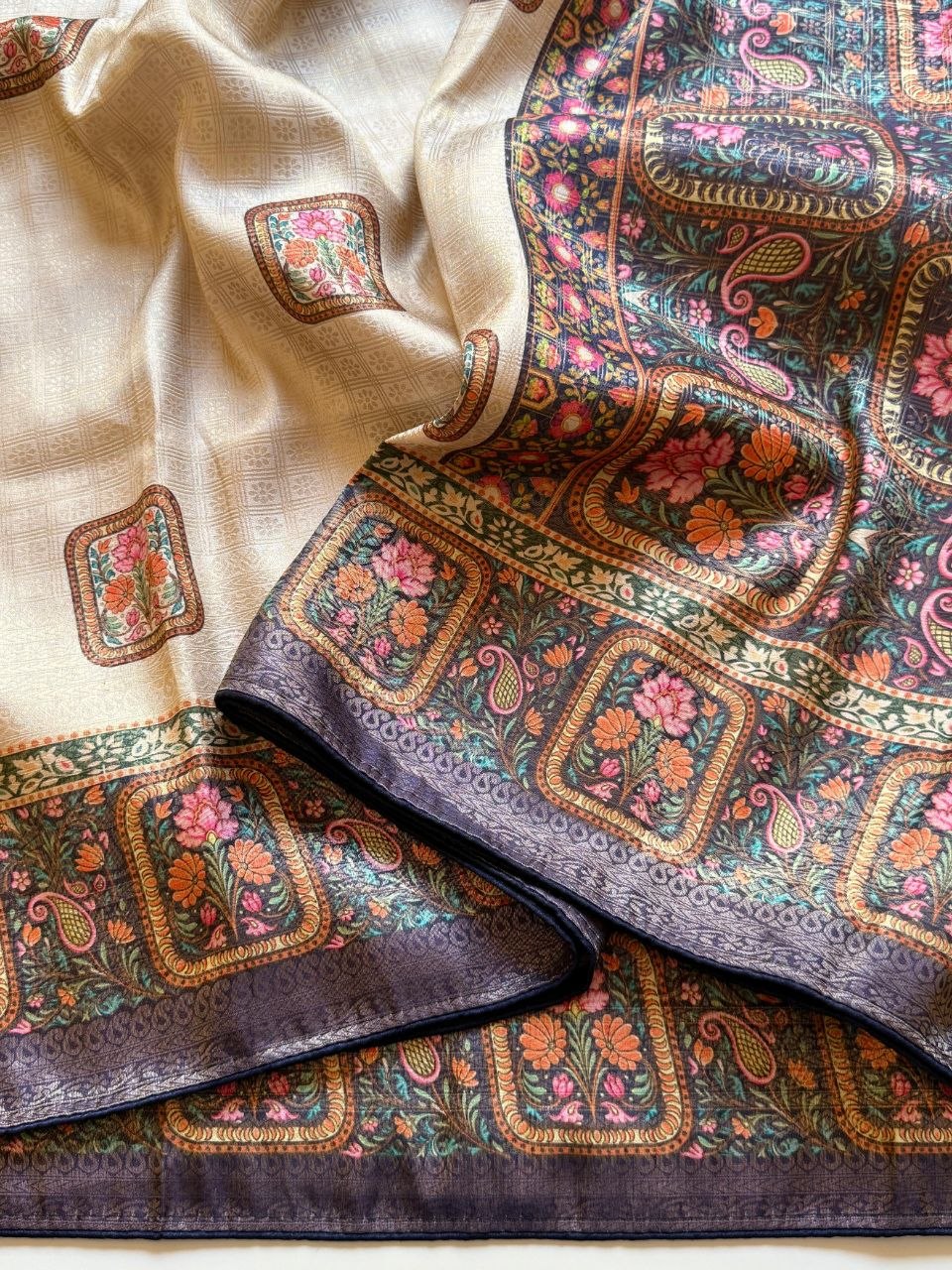 Roopkala Premium Jari Weaving Softy Silk Saree = CREAM AND BLUE
