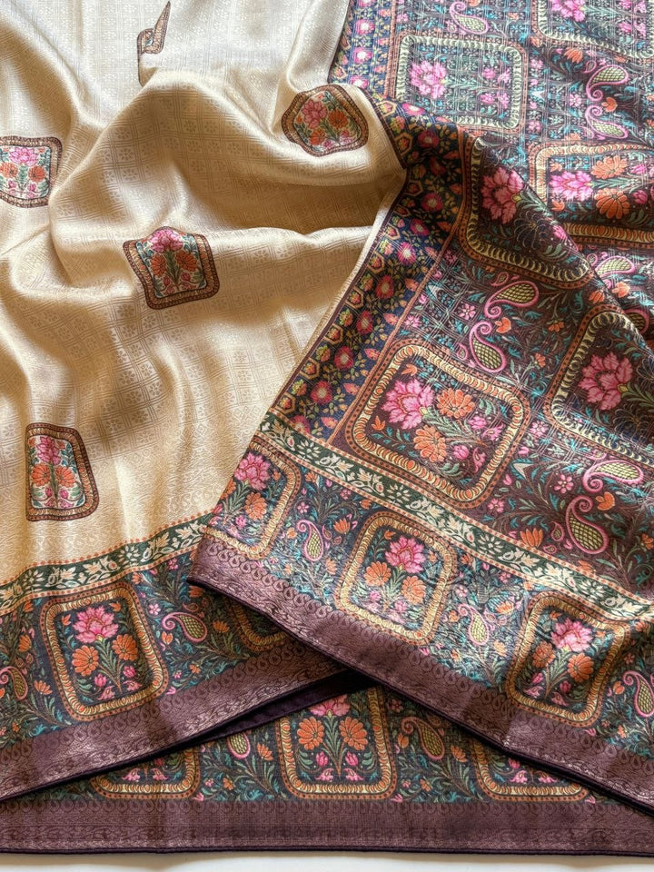 Roopkala Premium Jari Weaving Softy Silk Saree = CREAM AND BLACK