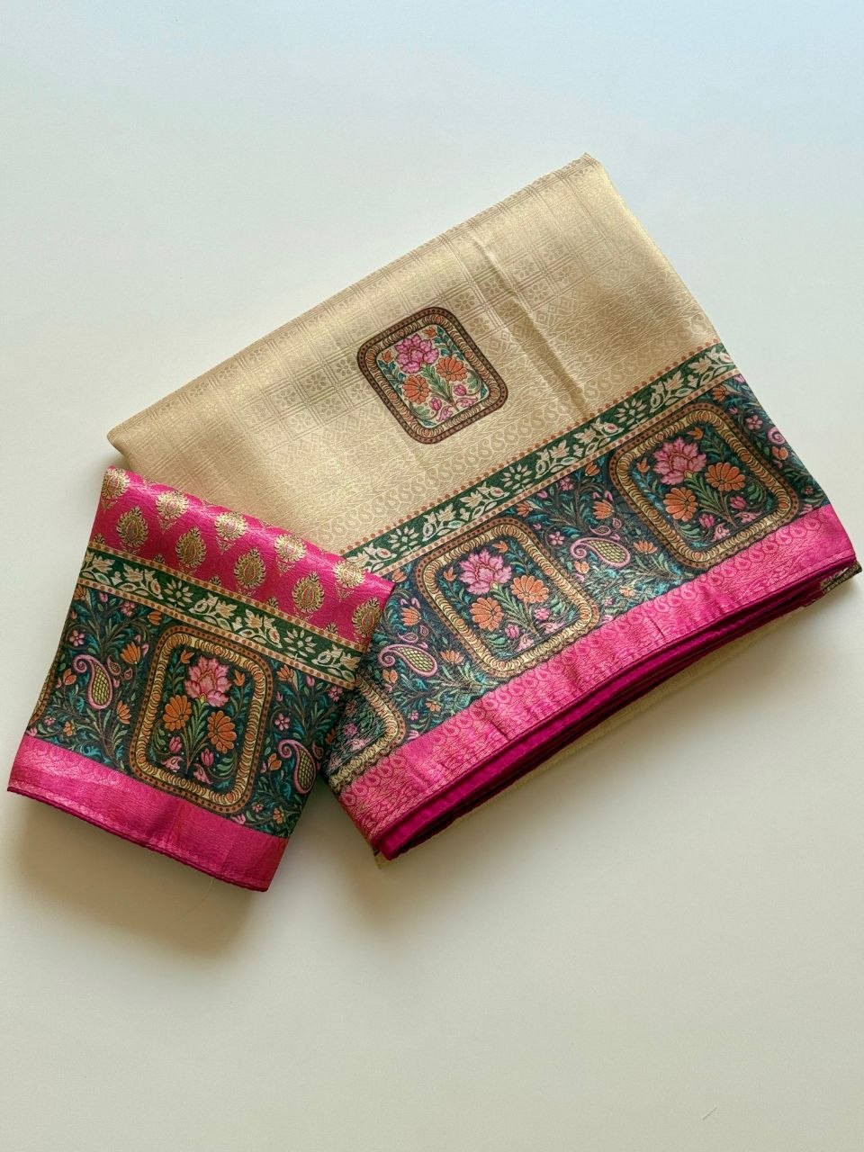 Roopkala Premium Jari Weaving Softy Silk Saree = CREAM AND PINK