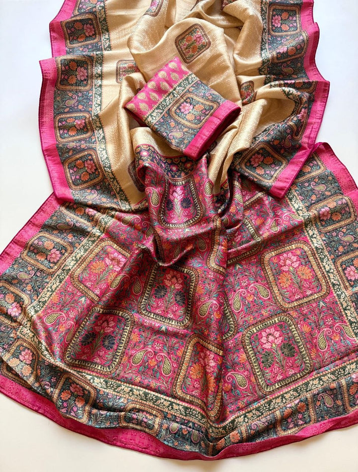 Roopkala Premium Jari Weaving Softy Silk Saree = CREAM AND PINK
