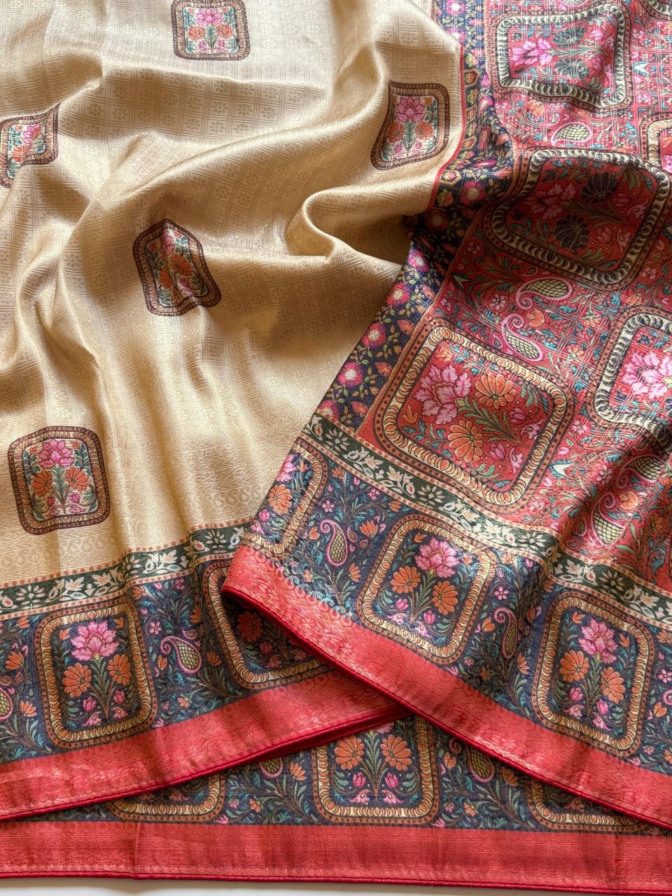 Roopkala Premium Jari Weaving Softy Silk Saree = CREAM AND ORANGE