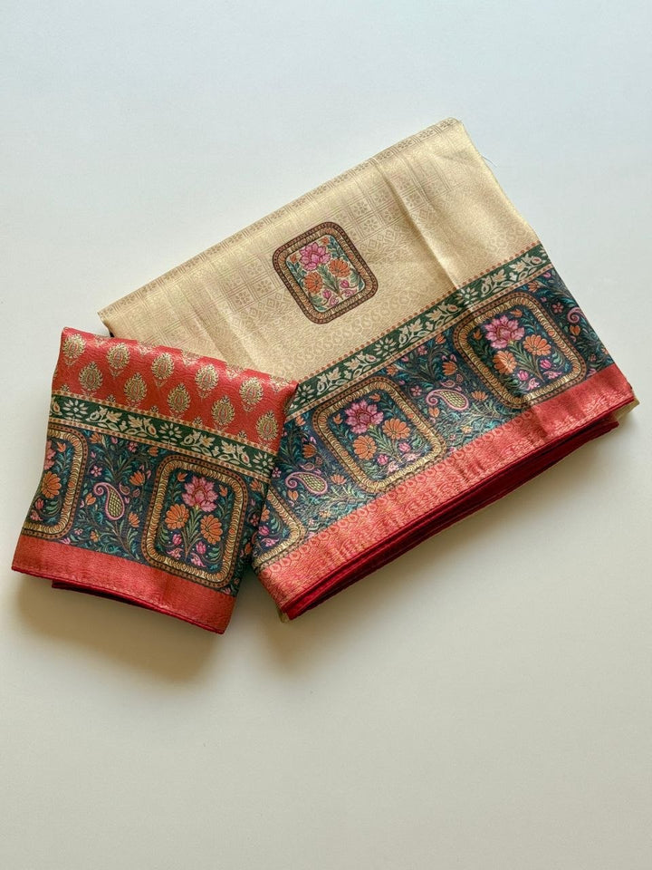 Roopkala Premium Jari Weaving Softy Silk Saree = CREAM AND ORANGE