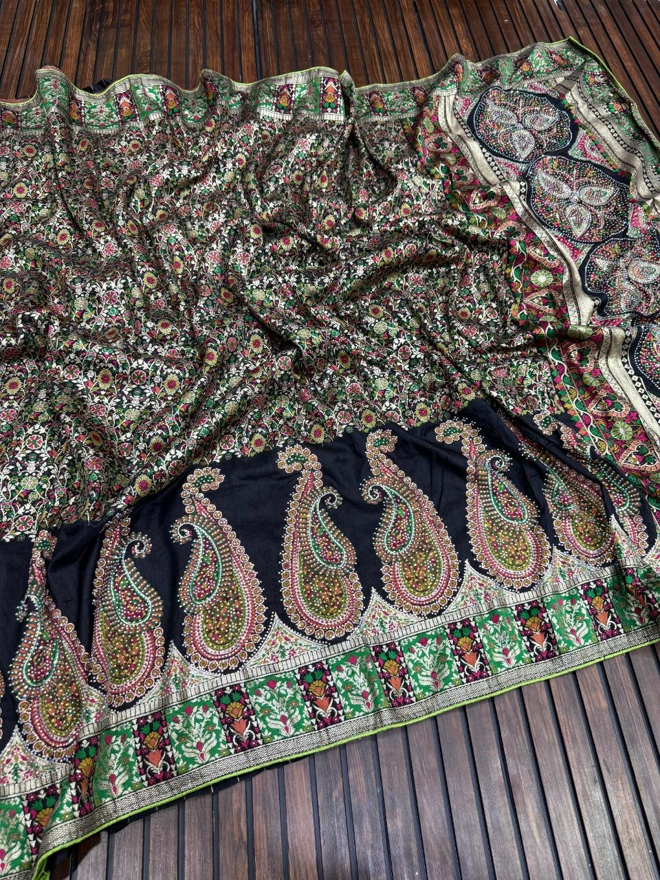 Royal Pure Pashmina Silk Kashmiri Weaving Saree - BLACK