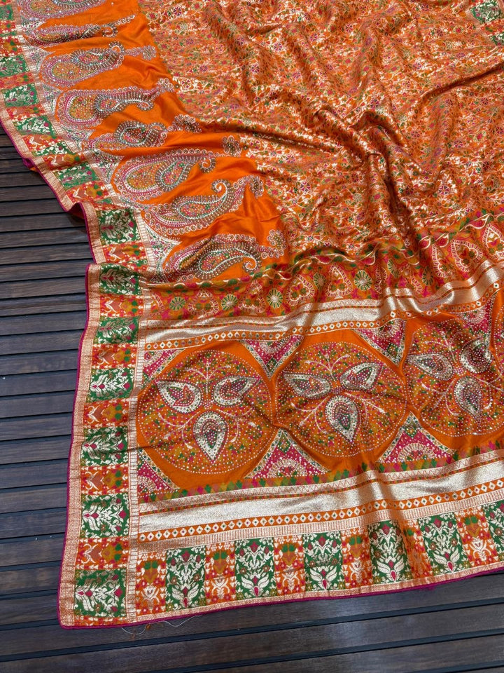 Royal Pure Pashmina Silk Kashmiri Weaving Saree - ORANGE